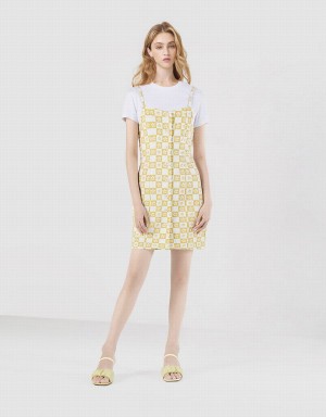 Urban Revivo 2 In 1 Checkered Floral Denim Women's Dress Yellow | DBY5990XP