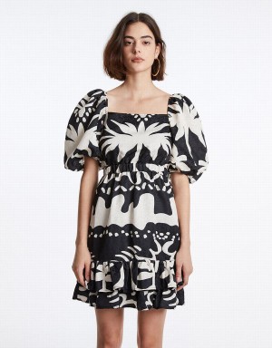 Urban Revivo Allover Print Puff Sleeve Ruffle Hem Women's Dress Grey | MKS10037XW