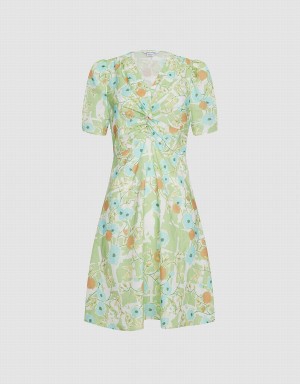 Urban Revivo Allover Print Twist Front Puff Sleeve Women's Dress Green | OJD6731DO