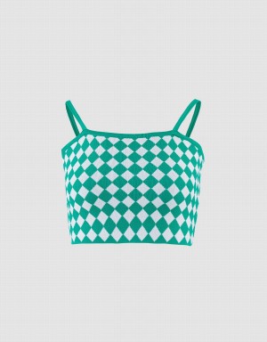 Urban Revivo Argyle Knitted Crop Cami Women's Tank Top Green | ONR3612RI