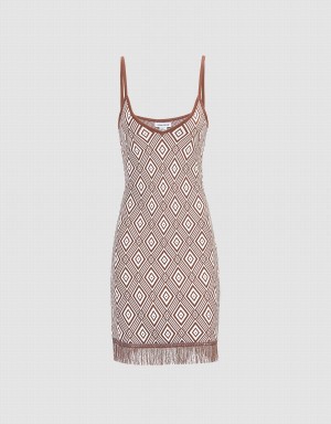 Urban Revivo Argyle Pattern Raw Hem Knitted Bodycon Cami Women's Dress Brown | YZX5973FU