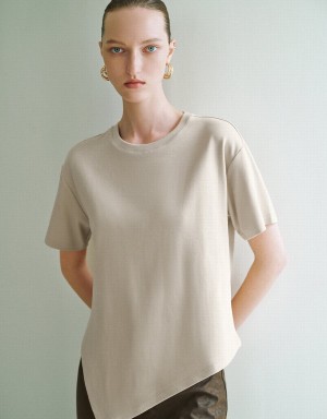 Urban Revivo Asymmetric Hem Crew Neck Knitted Women's T Shirts Khaki | OOM1246JH