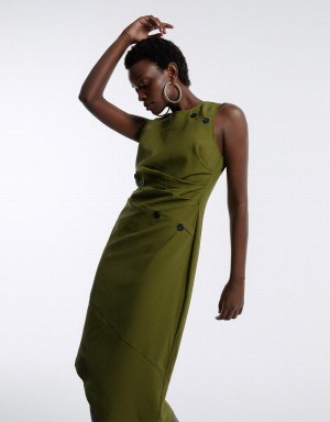 Urban Revivo Asymmetrical Buttoned Midi Women's Dress Green | FAU3437HQ