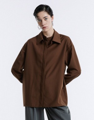 Urban Revivo Basic Button Up Women's Shirts Brown | EUL779KM