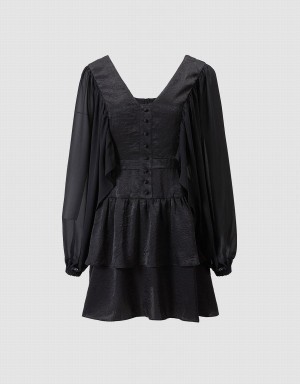 Urban Revivo Batwing Button Front Tiered Ruffle Hem Women's Dress Black | KUN6249AV