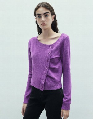 Urban Revivo Button Decor V-Neck Knitted Women's Cardigan Purple | BGZ9954XN