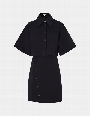 Urban Revivo Button Down A-Line Collar Women's Dress Black | PMI8928NY