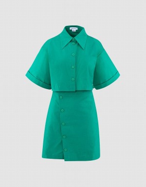 Urban Revivo Button Down A-Line Collar Women's Dress Green | GMB5622YU