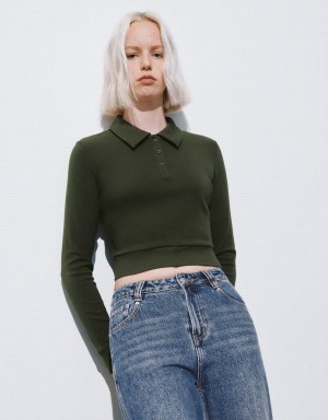 Urban Revivo Button Half Placket Cropped Knitted Women's T Shirts Green | CIV3453MF