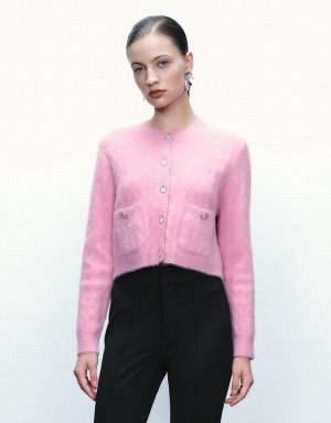 Urban Revivo Button Up Crew Neck Knitted Women's Cardigan Pink | TKK3992JZ