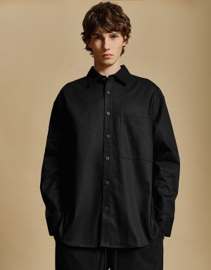 Urban Revivo Button Up Loose Men's Shirts Black | NDX3685JF