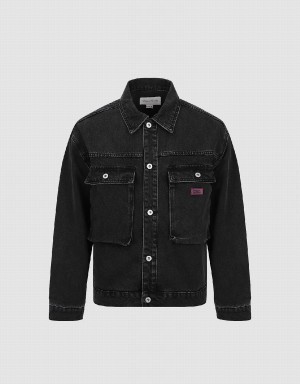 Urban Revivo Button Up Men's Denim Jackets Black | XWU1020RH