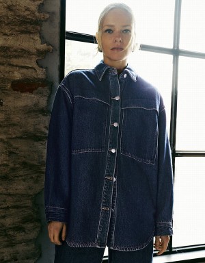 Urban Revivo Button Up Oversized Denim Women's Shirts Blue | RFN1463FC