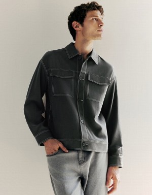 Urban Revivo Button Up Straigt Men's Jackets Dark Grey | SBN6765KR