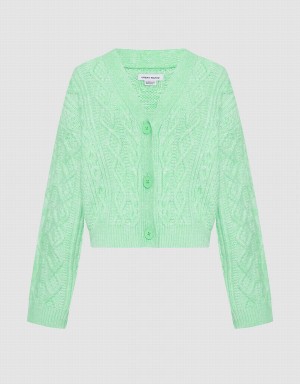 Urban Revivo Cable Knit V Neck Button Up Women's Cardigan Green | ZDP7738OZ