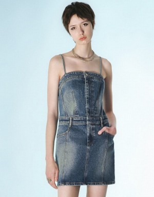 Urban Revivo Cami Denim Women's Dress Blue | SVE1882WN