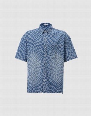 Urban Revivo Checkered Denim Men's Shirts Blue | NGR8188KB