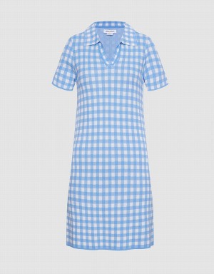 Urban Revivo Checkered Knitted Mini Checkered Women's Dress Blue | RBO739NG