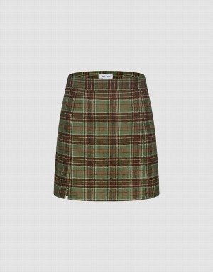 Urban Revivo Checkered Mini A-Line Women's Skirts Green | SFH8425GX