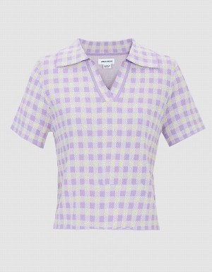 Urban Revivo Checkered Short Sleeve Knitted Top Women's Cardigan Purple | UMV8443ZY