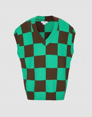 Urban Revivo Checkered Women's Tank Top Green | HJP8580GJ