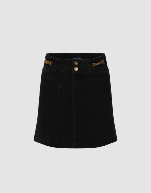 Urban Revivo Chian Decor Mini A-Line Denim Women's Skirts Black | PAZ6083ZZ