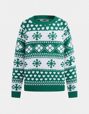 Urban Revivo Christmas Snowflake Crew Neck Holiday Women's Sweaters Dark Green | DYG1476AA