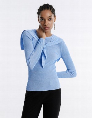 Urban Revivo Combination Tie Front Knitted Top Women's Cardigan Blue | GCX353VM