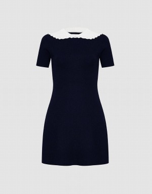 Urban Revivo Contrast Collar Knitted Women's Dress Black | NQP6062KP