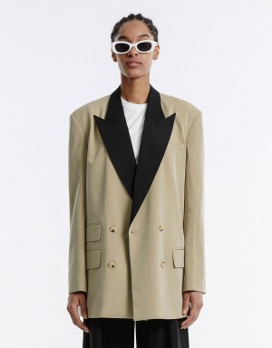 Urban Revivo Contrast Color Women's Blazers Khaki | YWP8992VQ