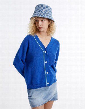 Urban Revivo Contrast Stitch Women's Cardigan Blue | NMV5969EA