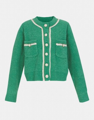 Urban Revivo Contrast Trim Faux Pearl Button Women's Cardigan Green | OKJ135DR