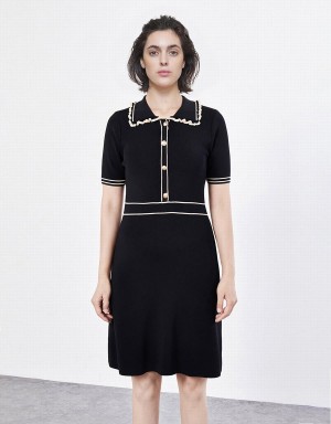 Urban Revivo Contrast Trim Half Button Knitted Women's Dress Black | RHF9217ZC