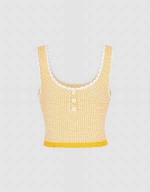 Urban Revivo Contrast Trim Half Button Knitted Women's Tank Top Yellow | GZT9958WQ