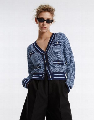 Urban Revivo Contrast Trim Women's Cardigan Blue | EOQ6149UL