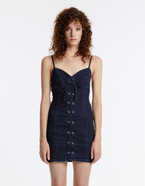 Urban Revivo Corset Style Denim Women's Dress Blue | IXM1247EU