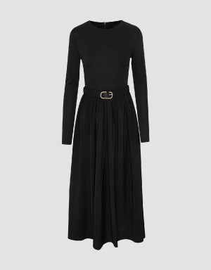 Urban Revivo Crew Neck A-Line With Belt Women's Dress Black | VLB6381WX