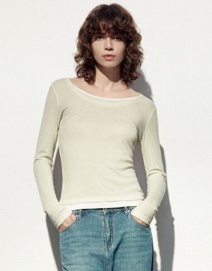 Urban Revivo Crew Neck Knitted Skinny Women's T Shirts Khaki | BJX2544OD