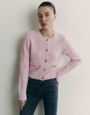 Urban Revivo Crew Neck Knitted With Fake Pockets Women's Cardigan Pink | BMB44100LL