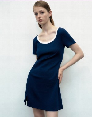 Urban Revivo Crew Neck Skater Women's Dress Blue | CCZ3045CN