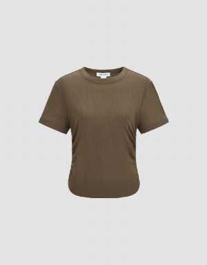 Urban Revivo Crew Neck Skinny Women's T Shirts Brown | JAH1824LU