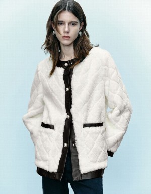 Urban Revivo Crew Neck Straight Furry Women's Coats White | JET7484QM