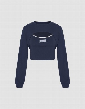 Urban Revivo Cut-Out Crew Neck Knitted Women's T Shirts Blue | AMZ62CO