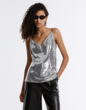 Urban Revivo Cut Out Back Sequin Camisole Women's Tank Top Silver | GZU7125ET