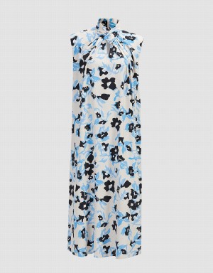 Urban Revivo Cut Out Floral Print Sleeveless Women's Dress Blue | LTS3332TP