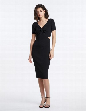 Urban Revivo Cut Out Knot Front Knitted Midi Women's Dress Black | IRI9434PH