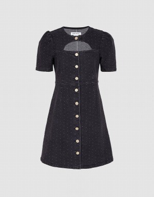 Urban Revivo Cut Out Polka Dot Button Front Denim Women's Dress Black | RVJ945WJ