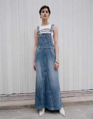 Urban Revivo Denim Pinafore Women's Dress Blue | BQW761KN