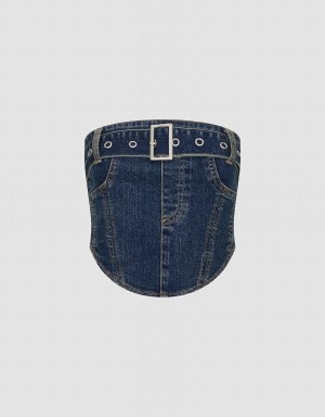 Urban Revivo Denim Top Women's Shirts Blue | JIA2281JT