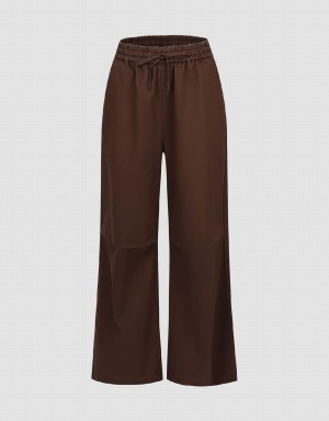 Urban Revivo Drawstring Waist Wide-Leg Women's Pants Brown | WGI1175DD